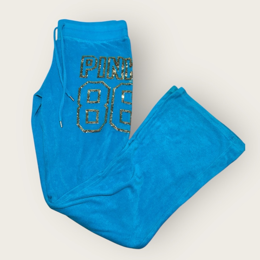 Victoria’s Secret Pink Medium Vibrant Blue Bling Terry Cloth Flare Sweatpants